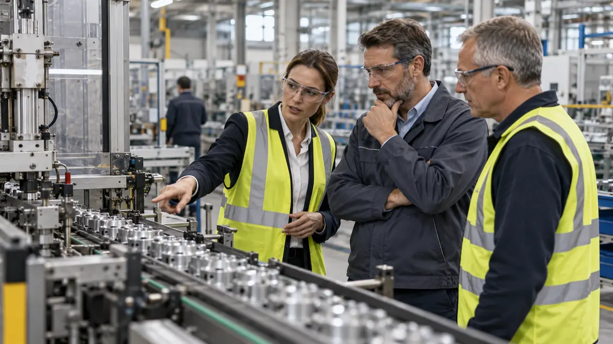 Manufacturing consultant and plant managers analysing an operational problem