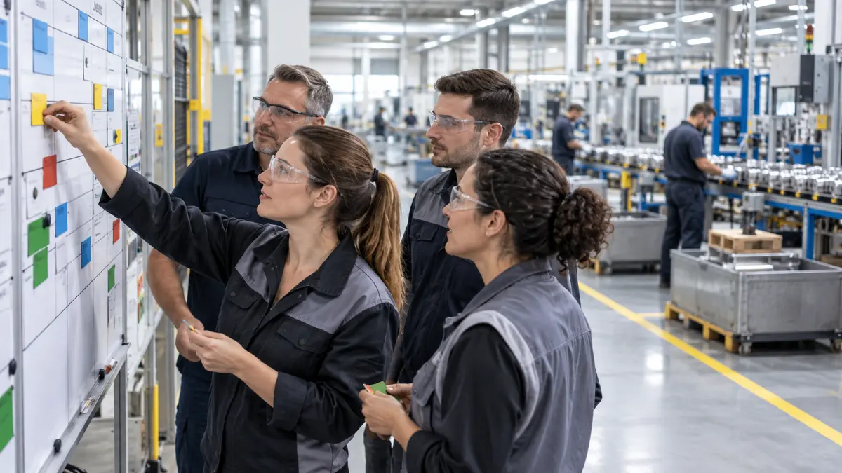Manufacturing team updating a visual-management board on the shop floor