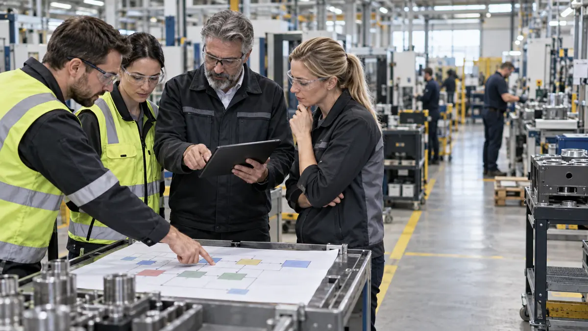 Factory team analysing production flow, capacity and operational performance