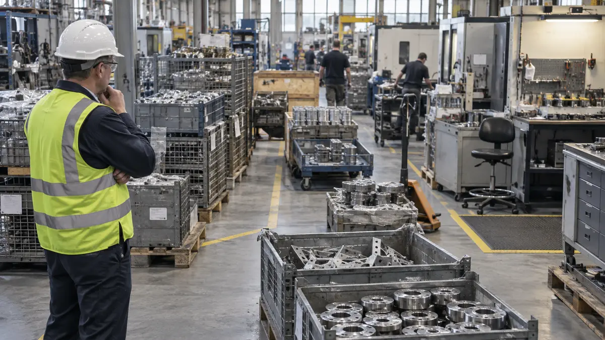 Supervisor observing excess work in progress and disrupted manufacturing flow