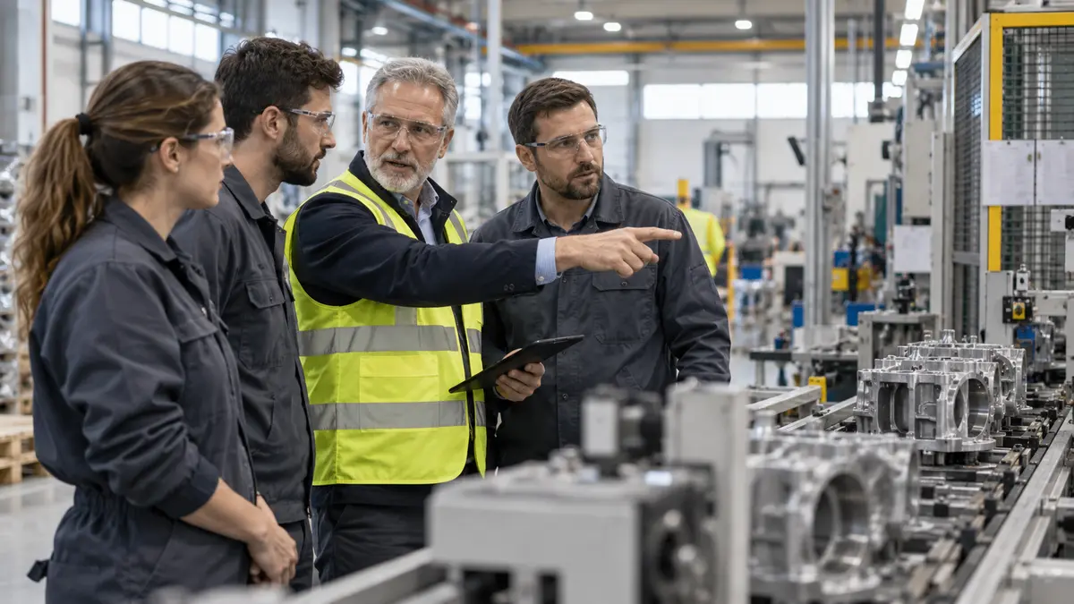 Manufacturing consultant discussing shop-floor operations with a factory team