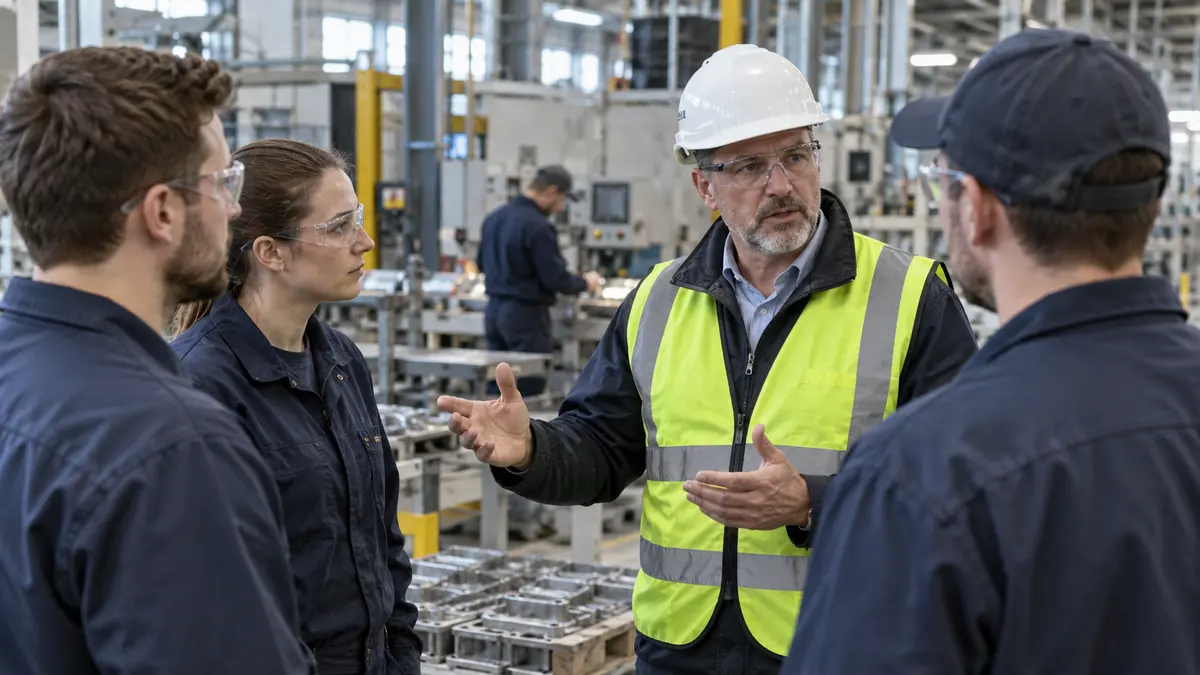 Interim plant leader coordinating a daily shop-floor team meeting