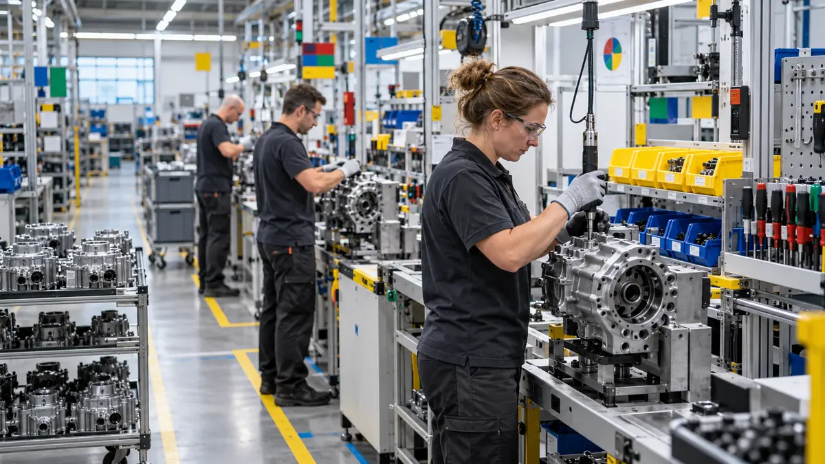 Operators working in a standardised and visually organised production cell
