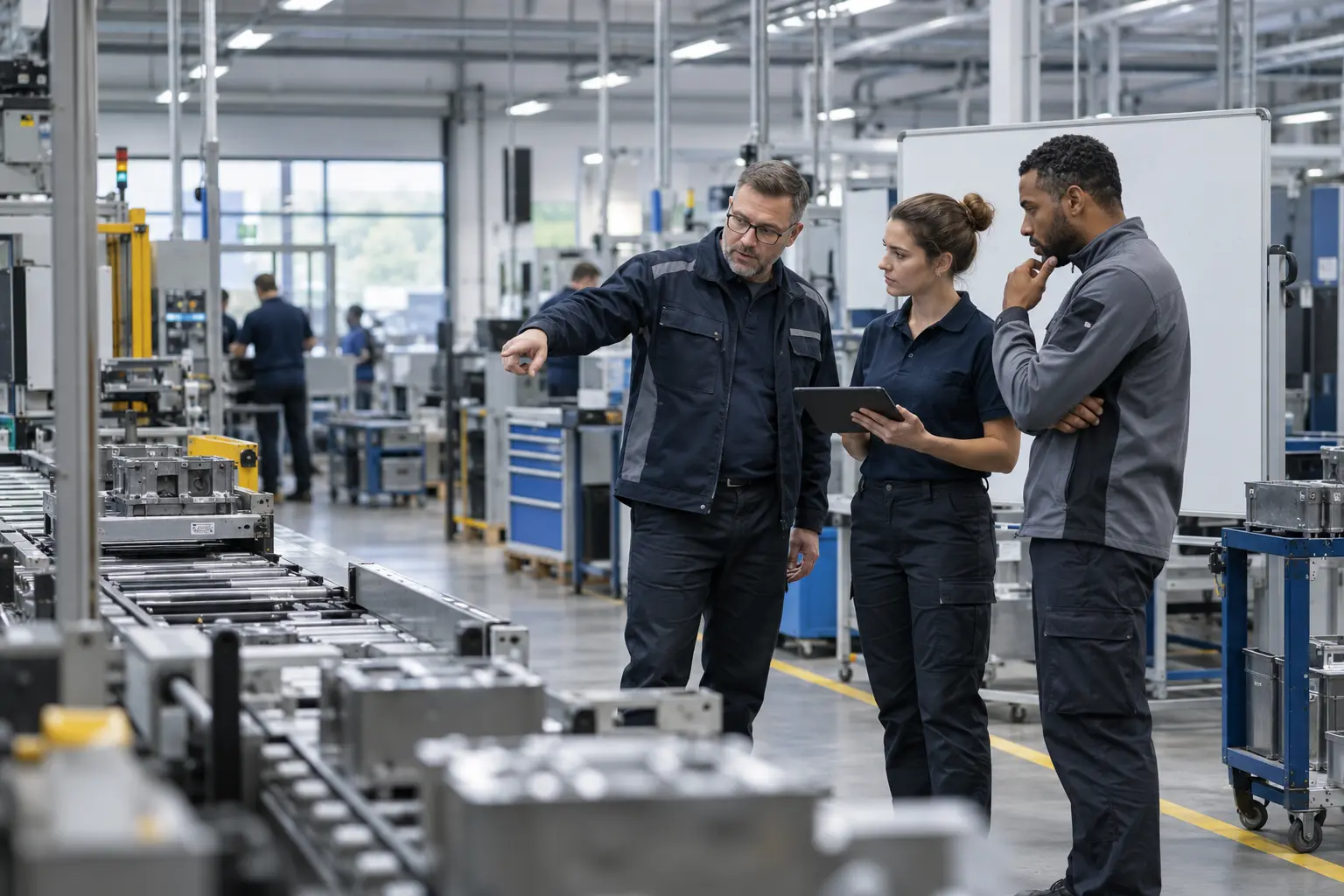 Operations team analysing production flow and a manufacturing constraint
