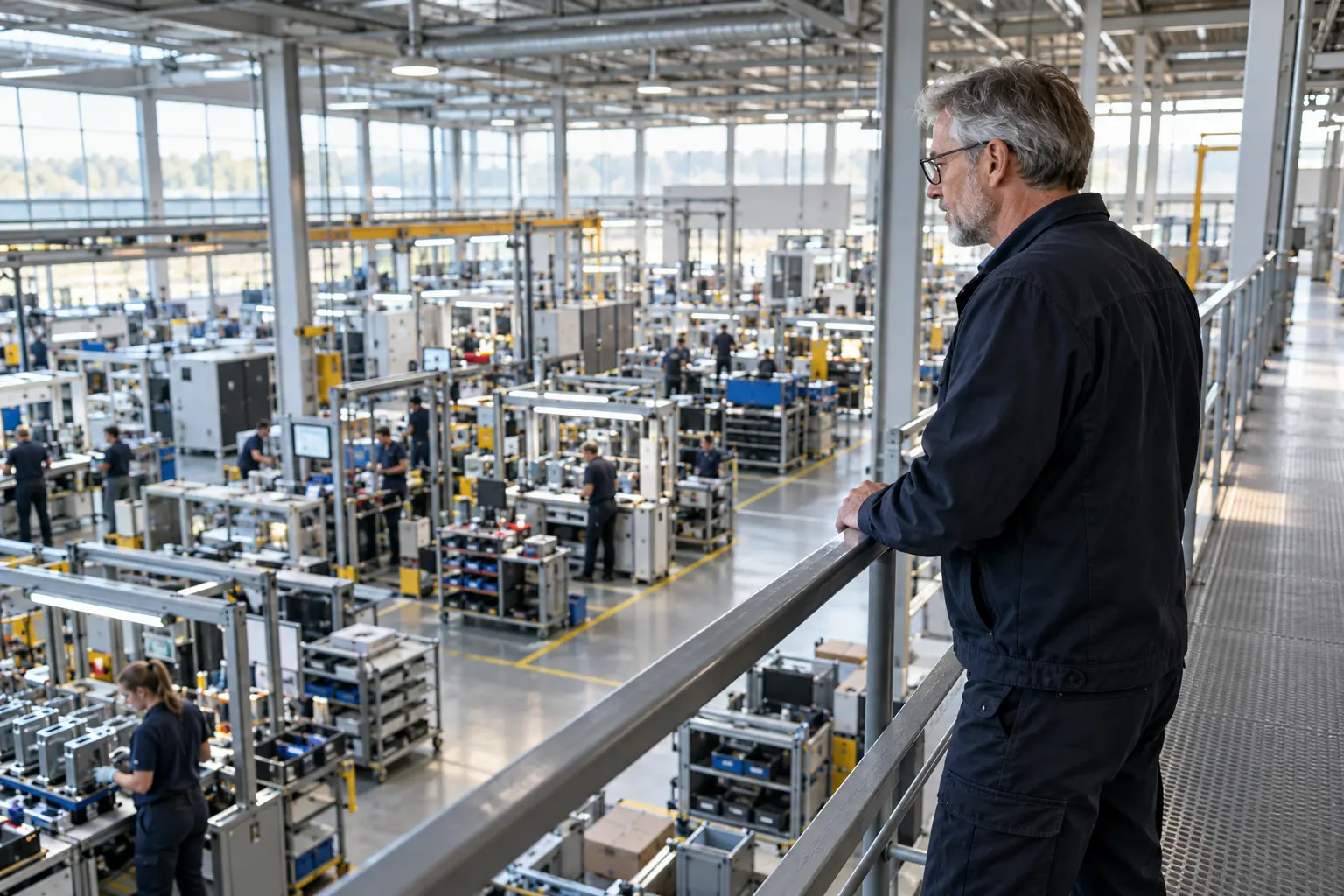 Experienced manufacturing consultant observing a modern production operation