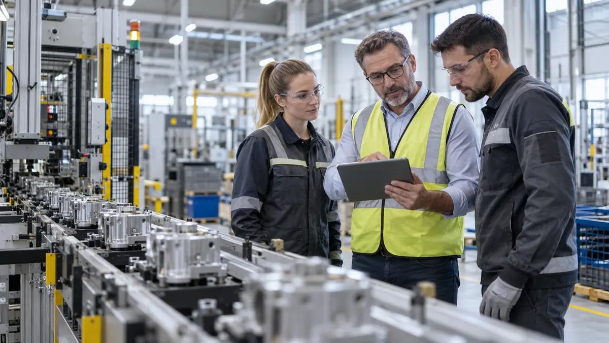 Manufacturing team reviewing production-line performance and OEE