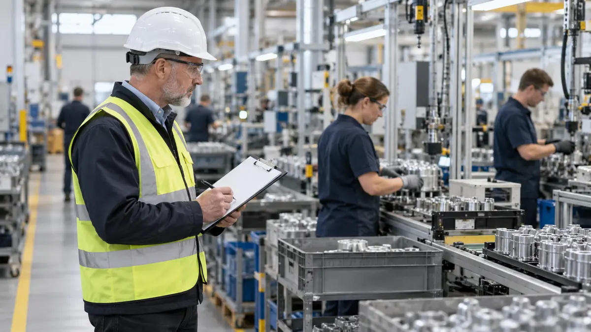 Manufacturing consultant conducting a production audit on the shop floor