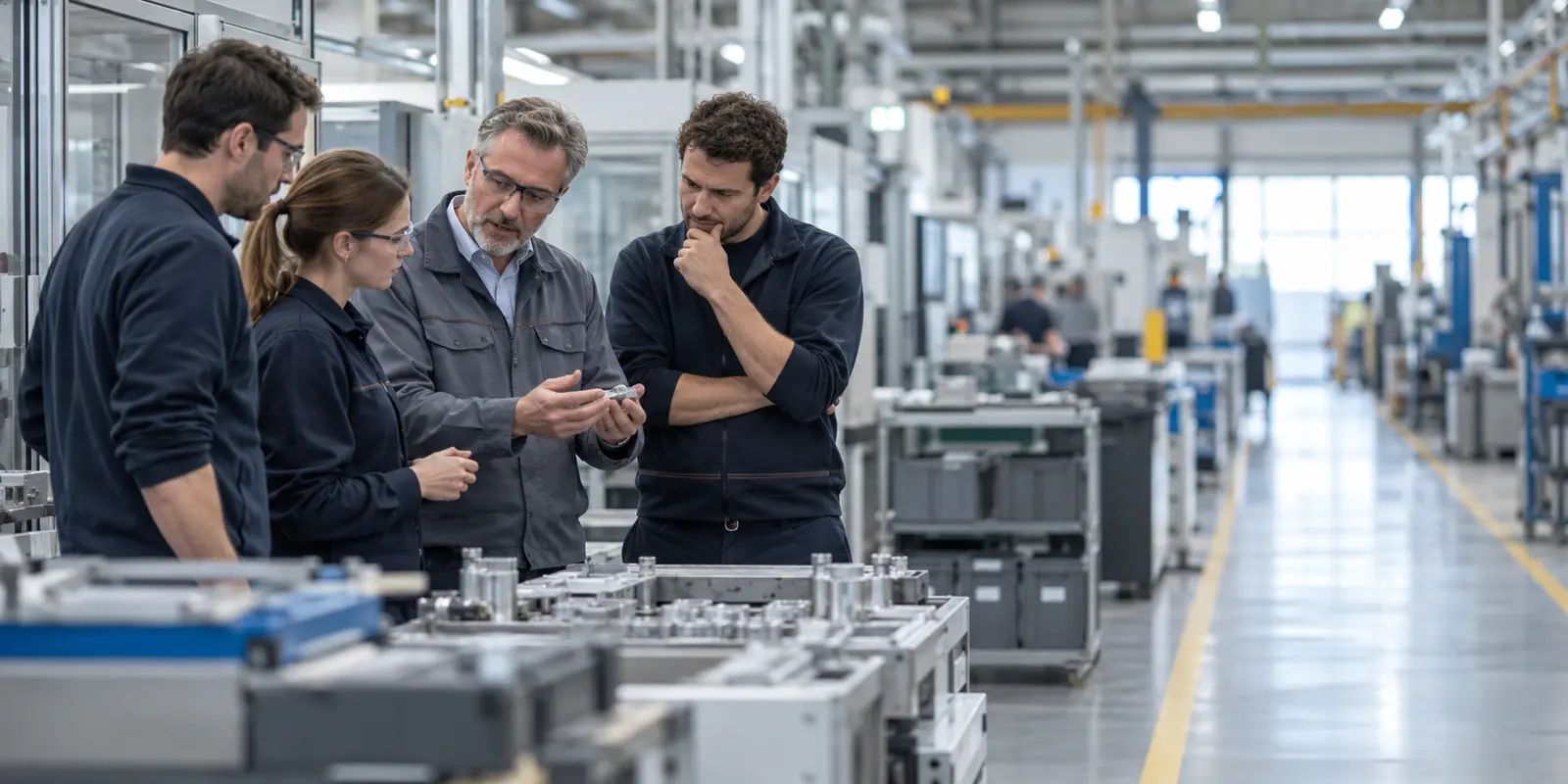 Manufacturing consultants analysing production performance on the shop floor
