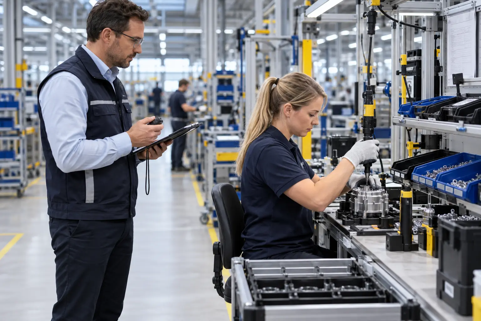 Industrial engineer conducting a REFA time study at an assembly workstation